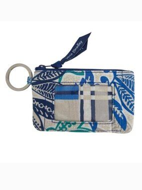 Vera Bradley Blue Green Beige Leaves Santiago ID Card Holder / Coin Pouch Wallet